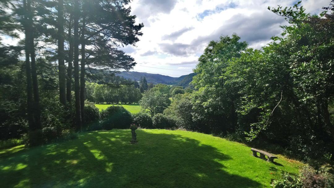 Grass and trees with hills in background